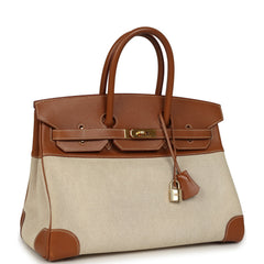 Vintage Hermes Birkin 35 Gold Courchevel and Gold-Ecru Toile H Canvas Gold Hardware