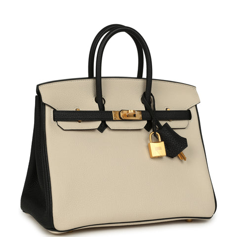 Hermes Special Order (HSS) Birkin 25 Craie and Black Togo Brushed Gold Hardware
