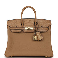 Pre-owned Hermes Birkin 25 Chai Togo and Matte Alligator Touch Permabrass Hardware
