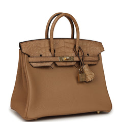 Pre-owned Hermes Birkin 25 Chai Togo and Matte Alligator Touch Permabrass Hardware