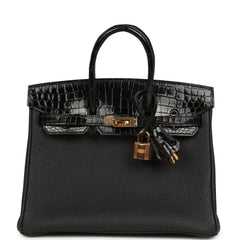 Pre-owned Hermes Birkin 25 Touch Black Togo and Shiny Niloticus Crocodile Touch Rose Gold Hardware