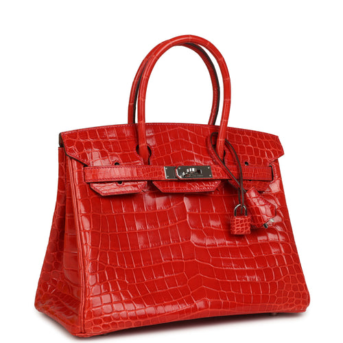 Pre-owned Hermes Birkin 30 Geranium Shiny Niloticus Crocodile Palladium Hardware