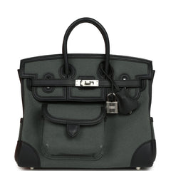 Hermes Birkin 25 Cargo Vert Mangrove Toile Goeland and Black Swift Palladium Hardware