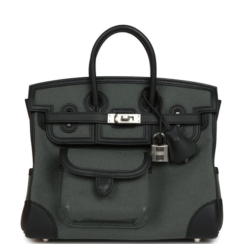 Hermes Birkin 25 Cargo Vert Mangrove Toile Goeland and Black Swift Palladium Hardware