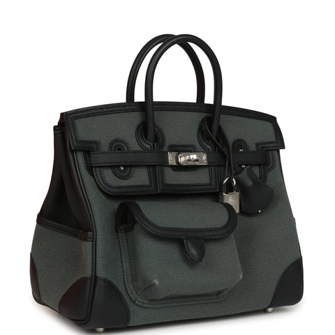 Hermes Birkin 25 Cargo Vert Mangrove Toile Goeland and Black Swift Palladium Hardware