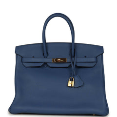 Pre-owned Hermes Birkin 35 Bleu Agate Clemence Gold Hardware