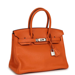 Pre-owned Hermes Birkin 30 Orange Clemence Palladium Hardware