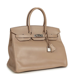 Pre-owned Hermes Birkin 35 Argile Tadelakt Guilloche Palladium Hardware