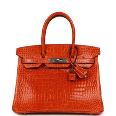 Pre-owned Hermes Birkin 30 Orange Shiny Porosus Crocodile Palladium Hardware