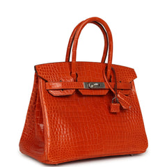 Pre-owned Hermes Birkin 30 Orange Shiny Porosus Crocodile Palladium Hardware