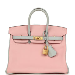 Hermes Special Order (HSS) Birkin 25 Rose Sakura and Bleu Pale Clemence Brushed Gold Hardware