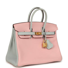 Hermes Special Order (HSS) Birkin 25 Rose Sakura and Bleu Pale Clemence Brushed Gold Hardware