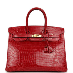 Pre-owned Hermes Birkin 35 Braise Shiny Porosus Crocodile Gold Hardware