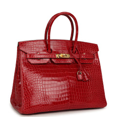 Pre-owned Hermes Birkin 35 Braise Shiny Porosus Crocodile Gold Hardware