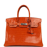 Pre-owned Hermes Birkin 35 Orange Shiny Porosus Crocodile Palladium Hardware - Thumbnail View 1