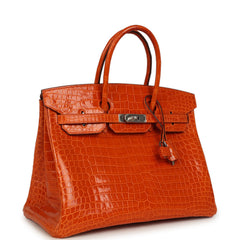 Pre-owned Hermes Birkin 35 Orange Shiny Porosus Crocodile Palladium Hardware