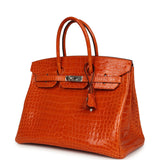 Pre-owned Hermes Birkin 35 Orange Shiny Porosus Crocodile Palladium Hardware - Thumbnail View 5