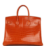 Pre-owned Hermes Birkin 35 Orange Shiny Porosus Crocodile Palladium Hardware - Thumbnail View 4