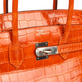 Pre-owned Hermes Birkin 35 Orange Shiny Porosus Crocodile Palladium Hardware - Thumbnail View 7