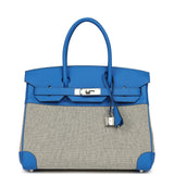 Hermes Birkin 30 Ecru-Black Toile H Canvas and Bleu Hydra Swift Palladium Hardware - Thumbnail View 1