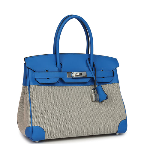 Hermes Birkin 30 Ecru-Black Toile H Canvas and Bleu Hydra Swift Palladium Hardware
