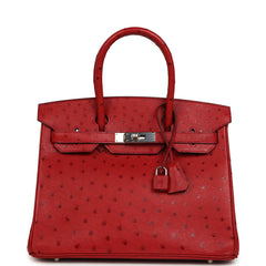 Pre-owned Hermes Birkin 30 Rouge Vif Ostrich Palladium Hardware