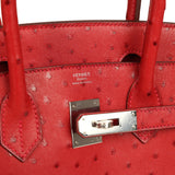 Pre-owned Hermes Birkin 30 Rouge Vif Ostrich Palladium Hardware - Thumbnail View 7