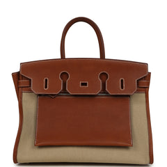 Hermes Birkin 35 A L'Envers Ficelle-Ecru H Dyed Canvas and Fauve Barenia Faubourg Palladium Hardware