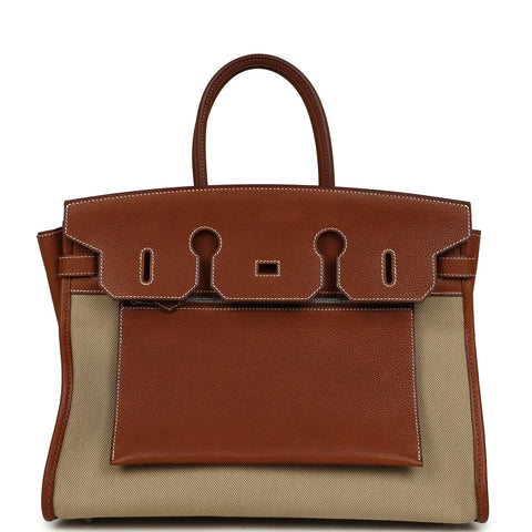 Hermes Birkin 35 A L'Envers Ficelle-Ecru H Dyed Canvas and Fauve Barenia Faubourg Palladium Hardware