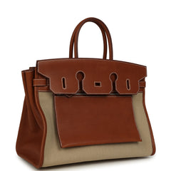Hermes Birkin 35 A L'Envers Ficelle-Ecru H Dyed Canvas and Fauve Barenia Faubourg Palladium Hardware