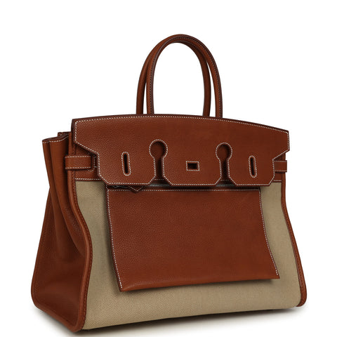 Hermes Birkin 35 A L'Envers Ficelle-Ecru H Dyed Canvas and Fauve Barenia Faubourg Palladium Hardware
