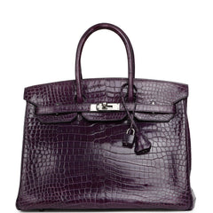 Pre-owned Hermes Birkin 35 Cassis Shiny Porosus Crocodile Palladium Hardware