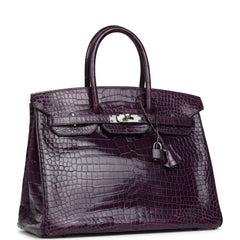Pre-owned Hermes Birkin 35 Cassis Shiny Porosus Crocodile Palladium Hardware