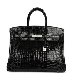 Pre-owned Hermes Birkin 35 Bleu Marine Shiny Porosus Crocodile 18K White Gold Diamond Hardware