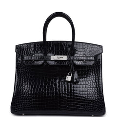Pre-owned Hermes Birkin 35 Bleu Marine Shiny Porosus Crocodile 18K White Gold Diamond Hardware