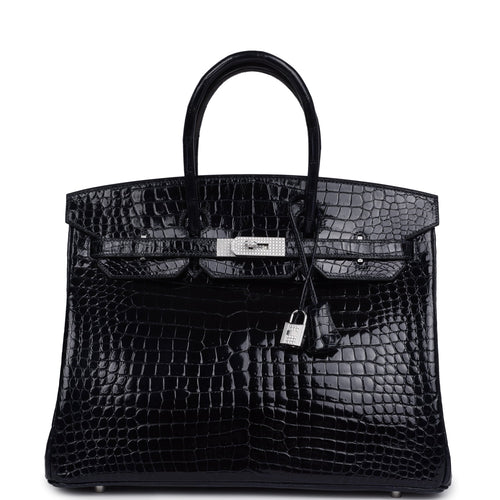 Vintage Hermes Birkin 35 Bleu Marine Shiny Porosus Crocodile 18K White Gold Diamond Hardware