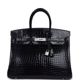 Pre-owned Hermes Birkin 35 Bleu Marine Shiny Porosus Crocodile 18K White Gold Diamond Hardware - Thumbnail View 1
