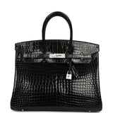 Pre-owned Hermes Birkin 35 Bleu Marine Shiny Porosus Crocodile 18K White Gold Diamond Hardware - Thumbnail View 1