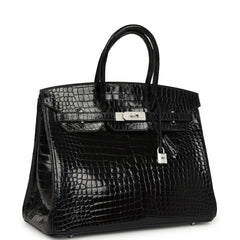 Pre-owned Hermes Birkin 35 Bleu Marine Shiny Porosus Crocodile 18K White Gold Diamond Hardware
