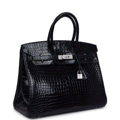 Pre-owned Hermes Birkin 35 Bleu Marine Shiny Porosus Crocodile 18K White Gold Diamond Hardware