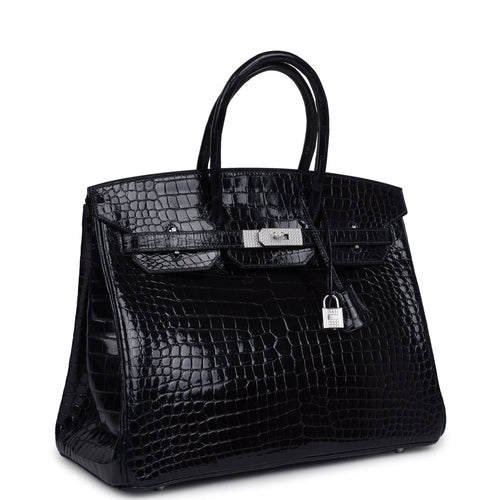 Vintage Hermes Birkin 35 Bleu Marine Shiny Porosus Crocodile 18K White Gold Diamond Hardware
