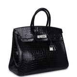 Pre-owned Hermes Birkin 35 Bleu Marine Shiny Porosus Crocodile 18K White Gold Diamond Hardware - Thumbnail View 2