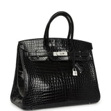 Pre-owned Hermes Birkin 35 Bleu Marine Shiny Porosus Crocodile 18K White Gold Diamond Hardware - Thumbnail View 2