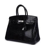 Pre-owned Hermes Birkin 35 Bleu Marine Shiny Porosus Crocodile 18K White Gold Diamond Hardware - Thumbnail View 5