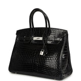Pre-owned Hermes Birkin 35 Bleu Marine Shiny Porosus Crocodile 18K White Gold Diamond Hardware - Thumbnail View 5