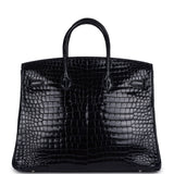Pre-owned Hermes Birkin 35 Bleu Marine Shiny Porosus Crocodile 18K White Gold Diamond Hardware - Thumbnail View 4