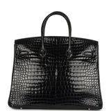 Pre-owned Hermes Birkin 35 Bleu Marine Shiny Porosus Crocodile 18K White Gold Diamond Hardware - Thumbnail View 4