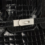 Pre-owned Hermes Birkin 35 Bleu Marine Shiny Porosus Crocodile 18K White Gold Diamond Hardware - Thumbnail View 7