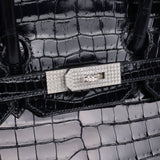 Pre-owned Hermes Birkin 35 Bleu Marine Shiny Porosus Crocodile 18K White Gold Diamond Hardware - Thumbnail View 7