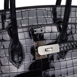 Pre-owned Hermes Birkin 35 Bleu Marine Shiny Porosus Crocodile 18K White Gold Diamond Hardware - Thumbnail View 8